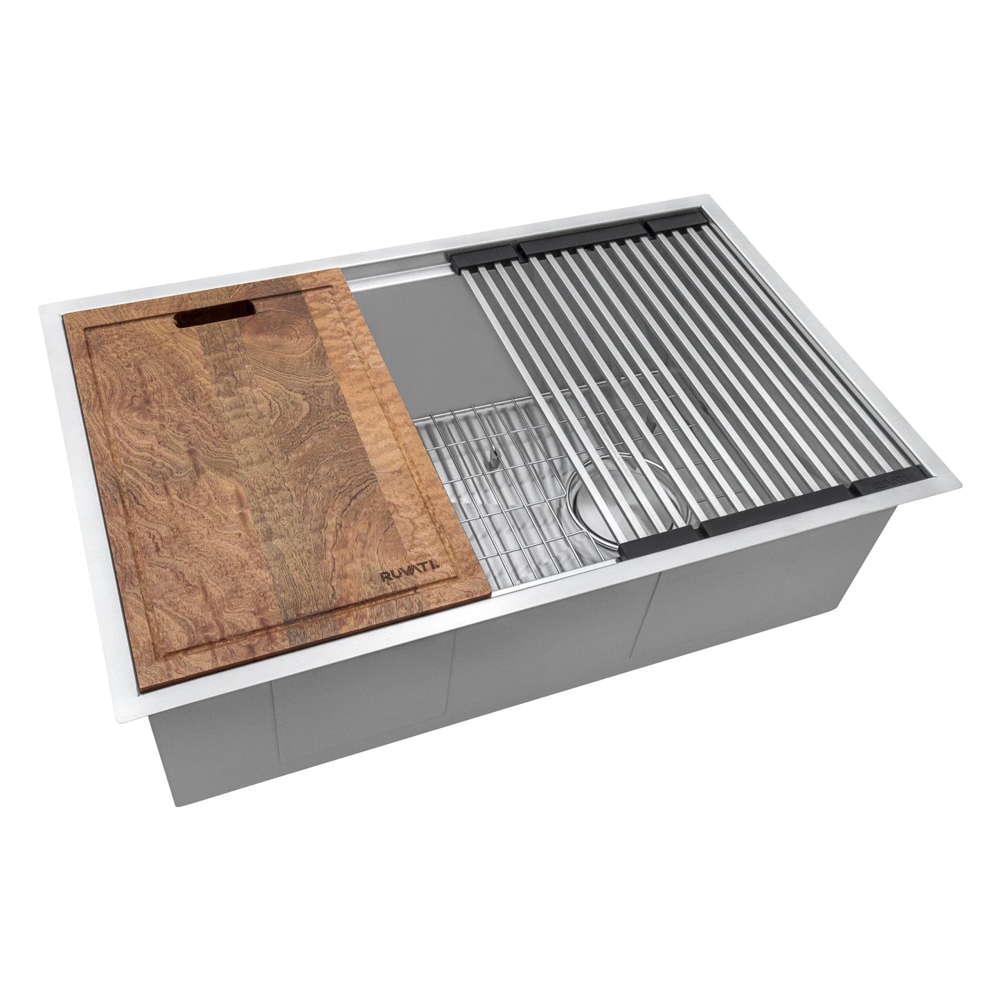 Ruvati Veniso 33" Workstation Slope Bottom Stainless Steel Kitchen Sink RVH8591 with wooden cutting board and accessories.