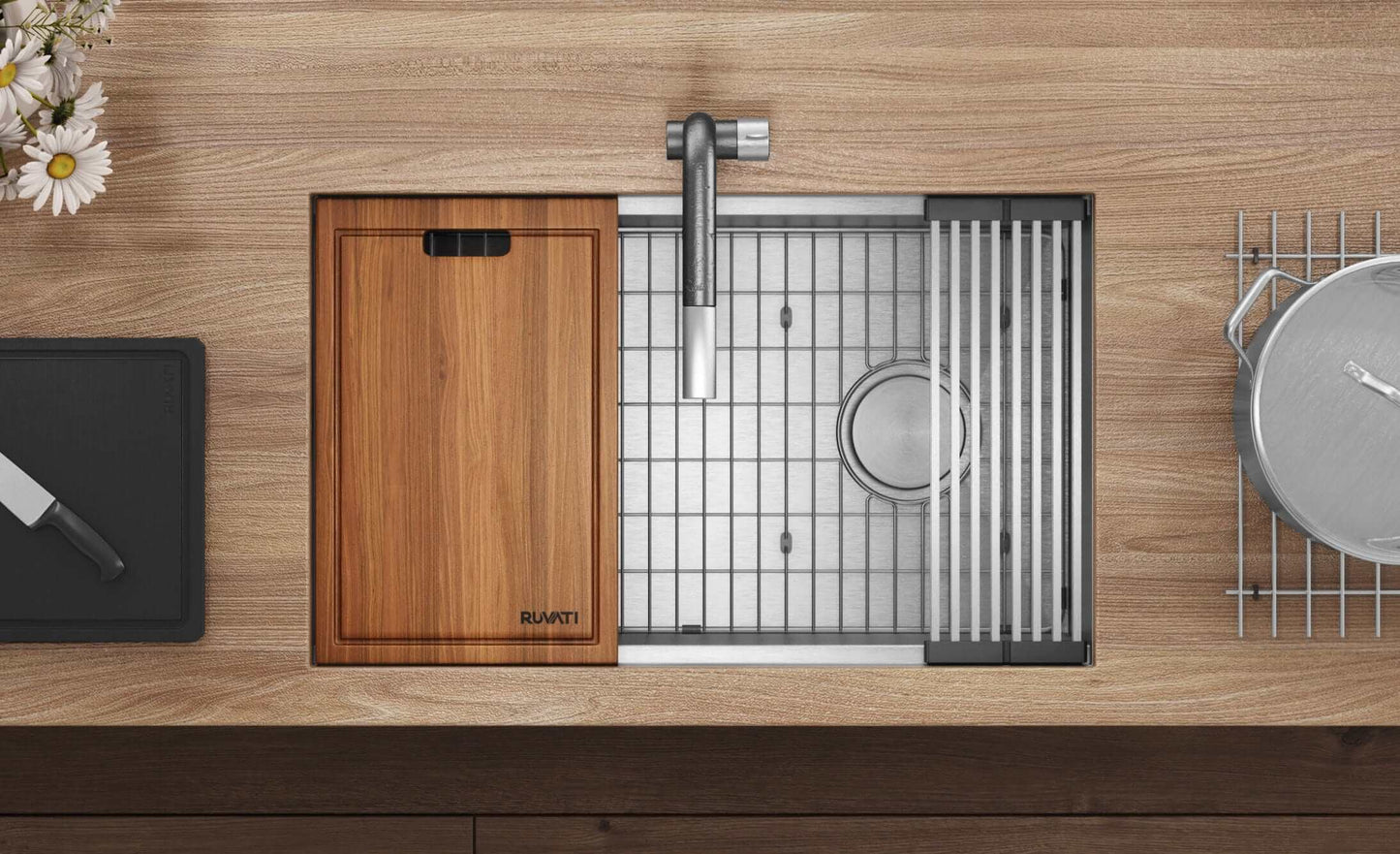 Ruvati Veniso 33" Workstation Slope Bottom Stainless Steel Kitchen Sink RVH8591 with wooden cutting board and accessories