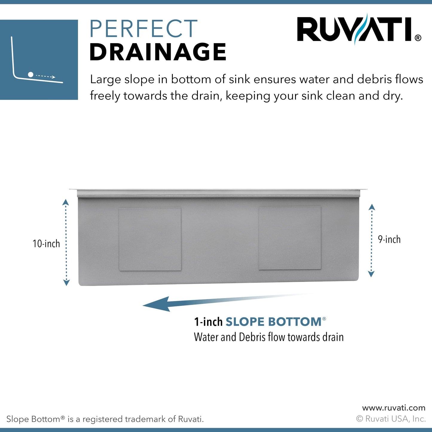 Ruvati Veniso 33" Workstation Slope Bottom Stainless Steel Kitchen Sink RVH8591 showing innovative slope-bottom drainage design.