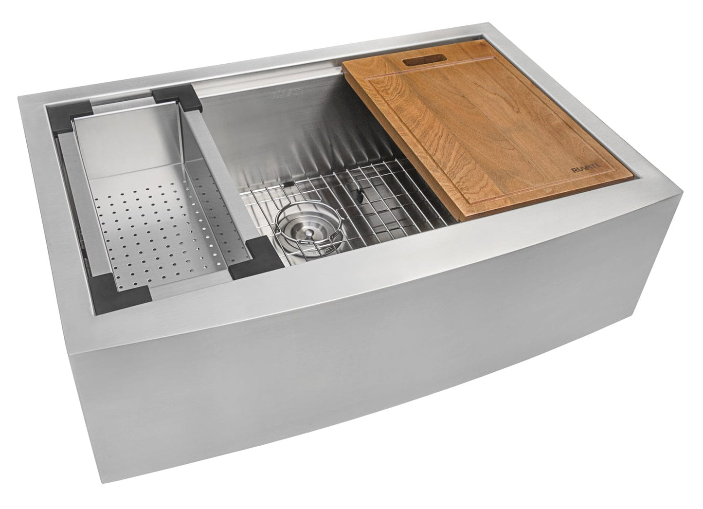Ruvati Verona 30" Workstation Stainless Steel Kitchen Sink RVH9100 with wood cutting board and accessories.