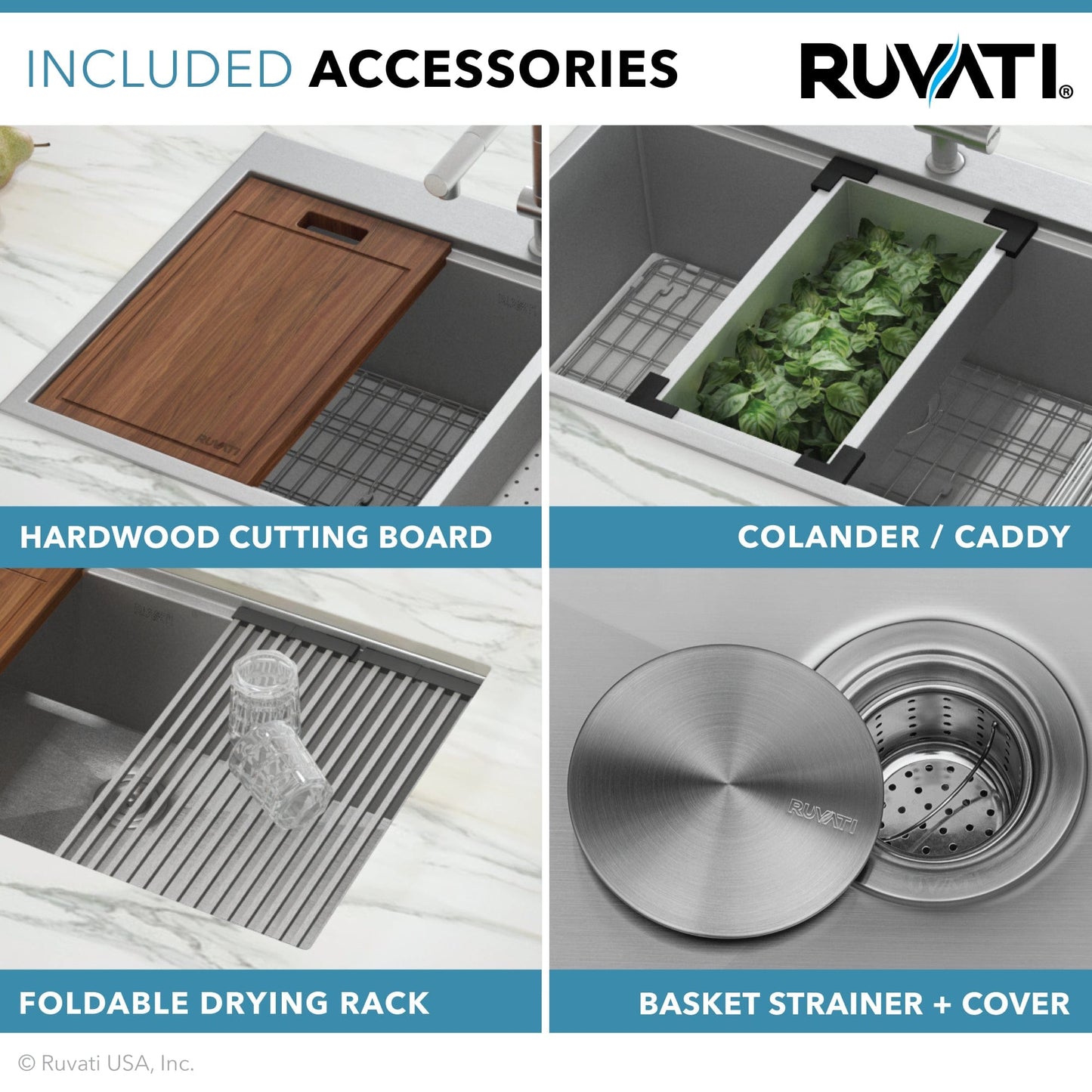 Included accessories for Ruvati Verona 30" Workstation Stainless Steel Kitchen Sink RVH9100 including cutting board, drying rack, colander, and strainer.