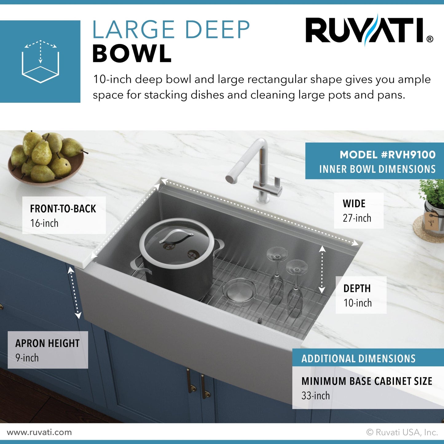Ruvati Verona 30" Workstation Stainless Steel Kitchen Sink RVH9100 with large deep bowl dimensions and apron front design.