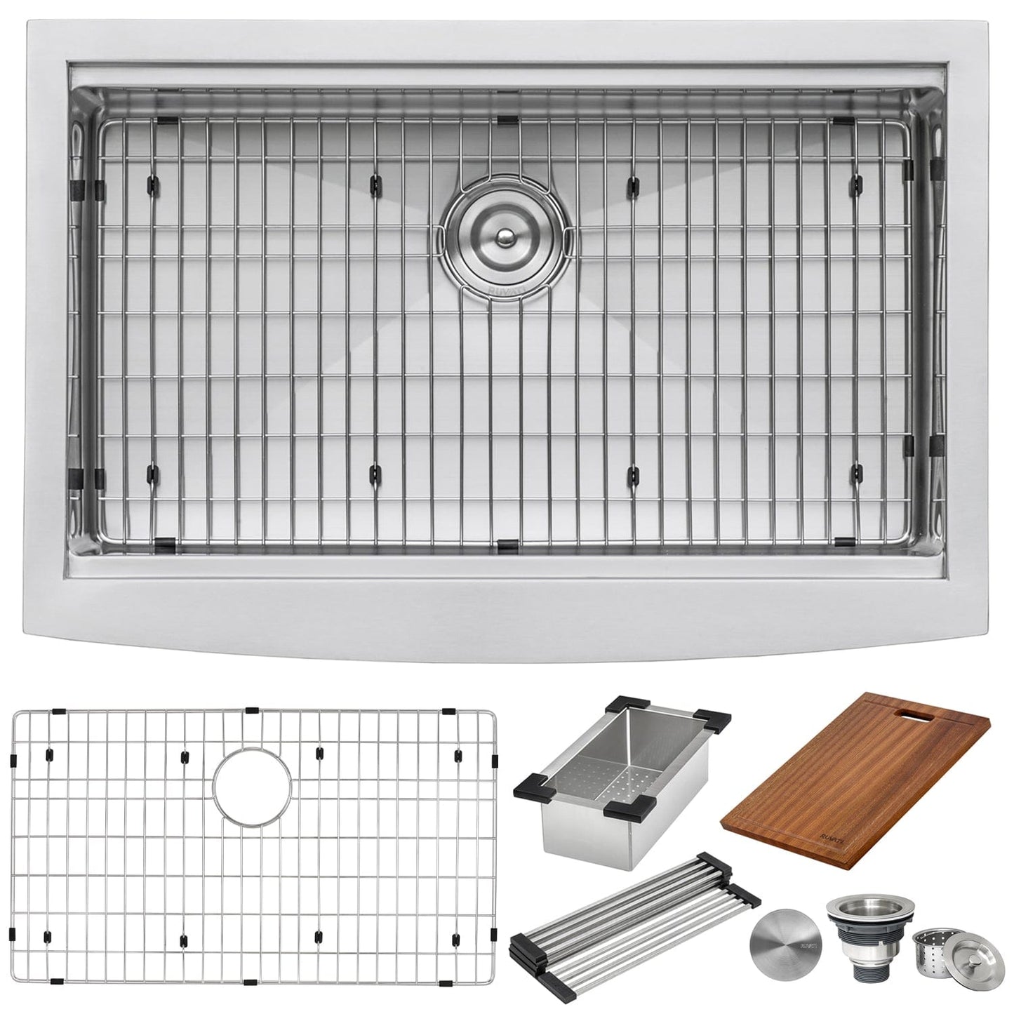 Ruvati Verona 30" Workstation Stainless Steel Kitchen Sink RVH9100 with accessories including grid and cutting board.