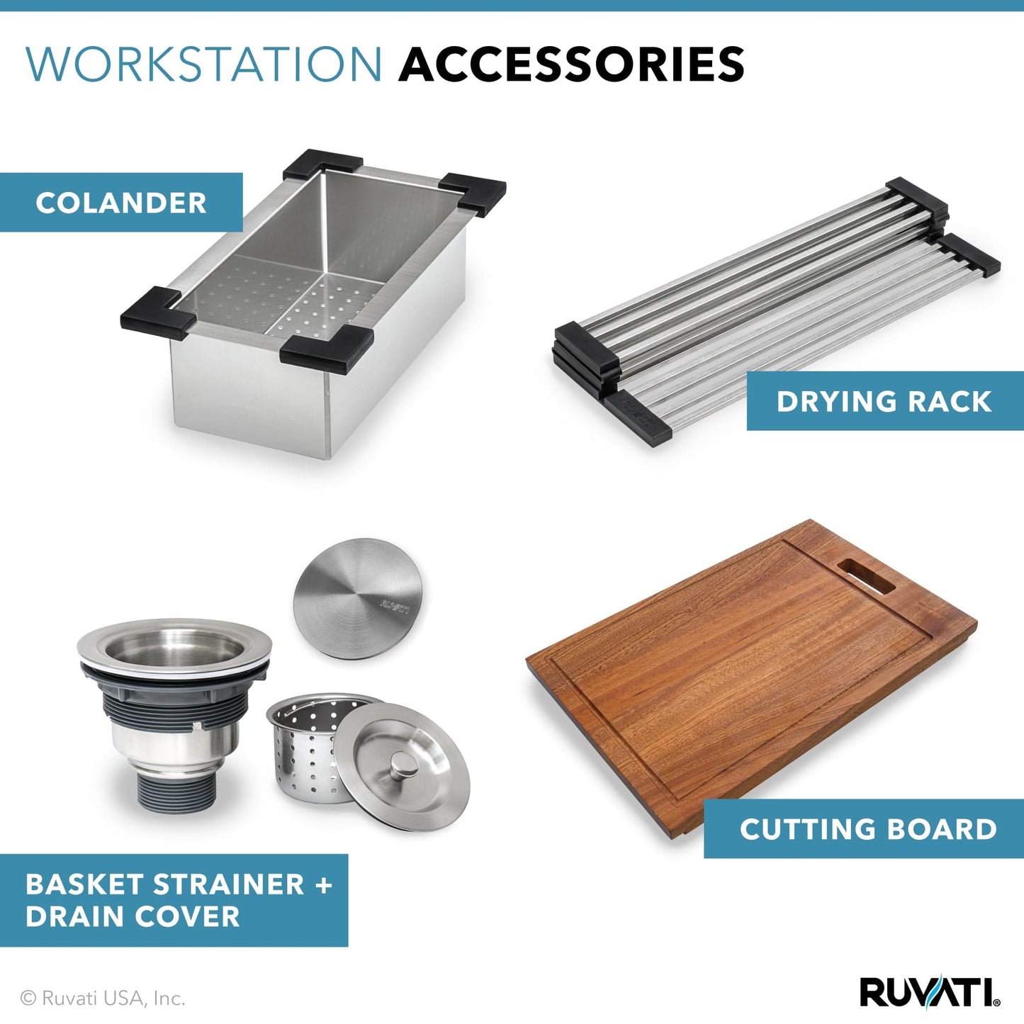 Ruvati Verona 30" Workstation Stainless Steel Kitchen Sink RVH9100 accessories including colander, drying rack, basket strainer, and cutting board.