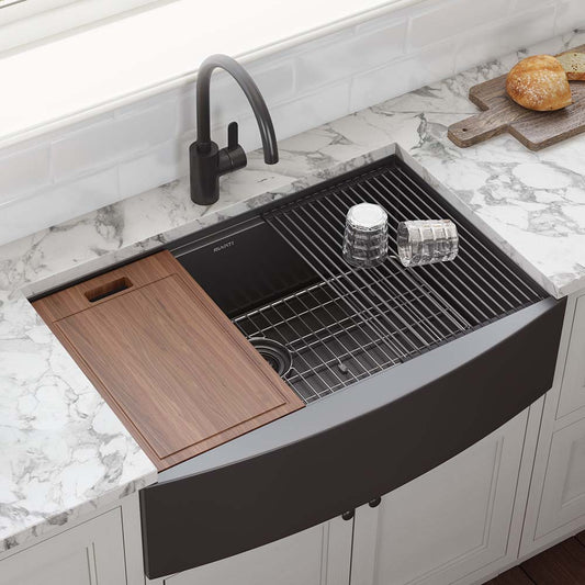Ruvati Monaco 33" Workstation Stainless Steel Kitchen Sink RVH9207BL with chopping board and drying rack in kitchen.
