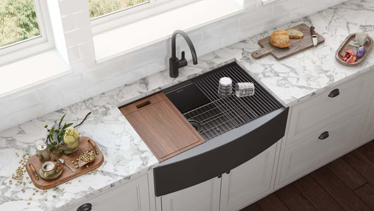 Ruvati Monaco 33" Workstation Stainless Steel Kitchen Sink RVH9207BL with gunmetal black finish in modern kitchen.