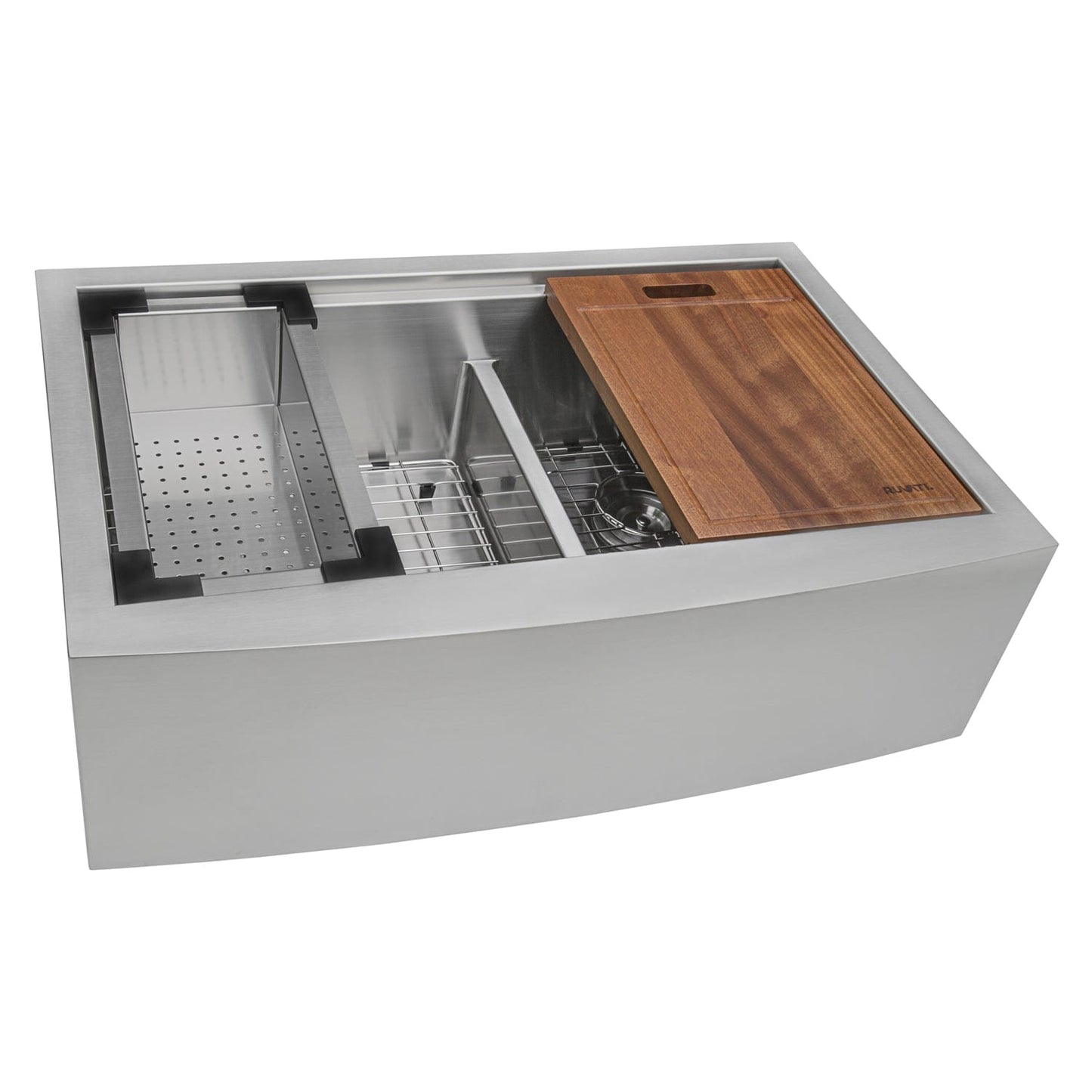 Ruvati Verona 36" Workstation Low-Divide Stainless Steel Kitchen Sink RVH9301 with integrated accessories.