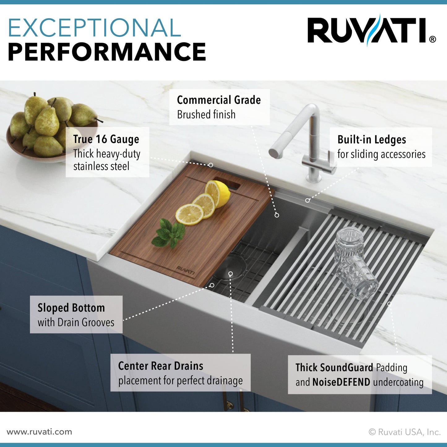 Ruvati Verona 36" Workstation Low-Divide Stainless Steel Kitchen Sink RVH9301 showcasing its features and design.