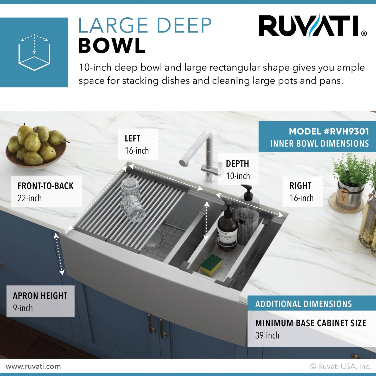 Ruvati Verona 36" Workstation Low-Divide Stainless Steel Kitchen Sink RVH9301 large deep bowl dimensions infographic