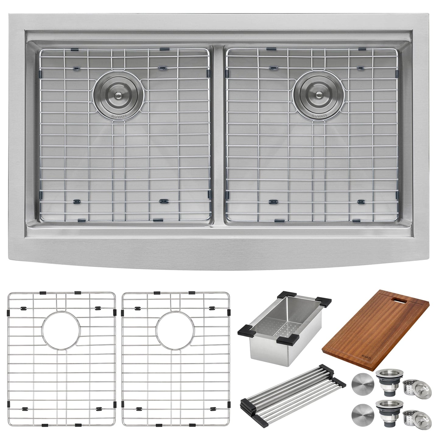 Ruvati Verona 36" Workstation Low-Divide Stainless Steel Kitchen Sink RVH9301 with accessories and grids.