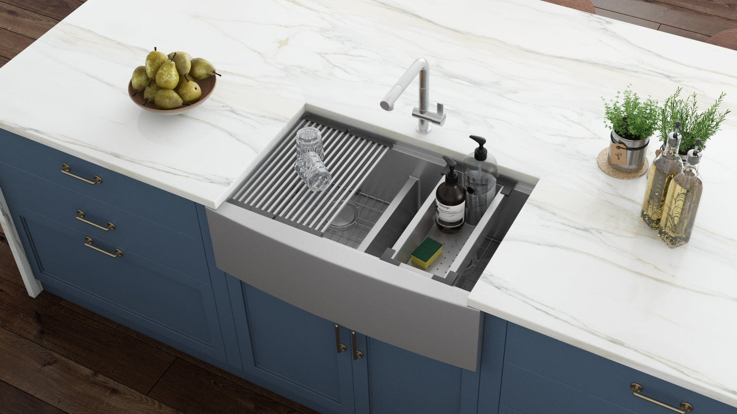 Ruvati Verona 36" Workstation Low-Divide Stainless Steel Kitchen Sink RVH9301 with accessories on kitchen island
