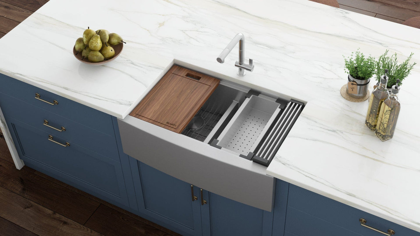 Ruvati Verona 36" Workstation Low-Divide Stainless Steel Kitchen Sink RVH9301 with bamboo cutting board and accessories