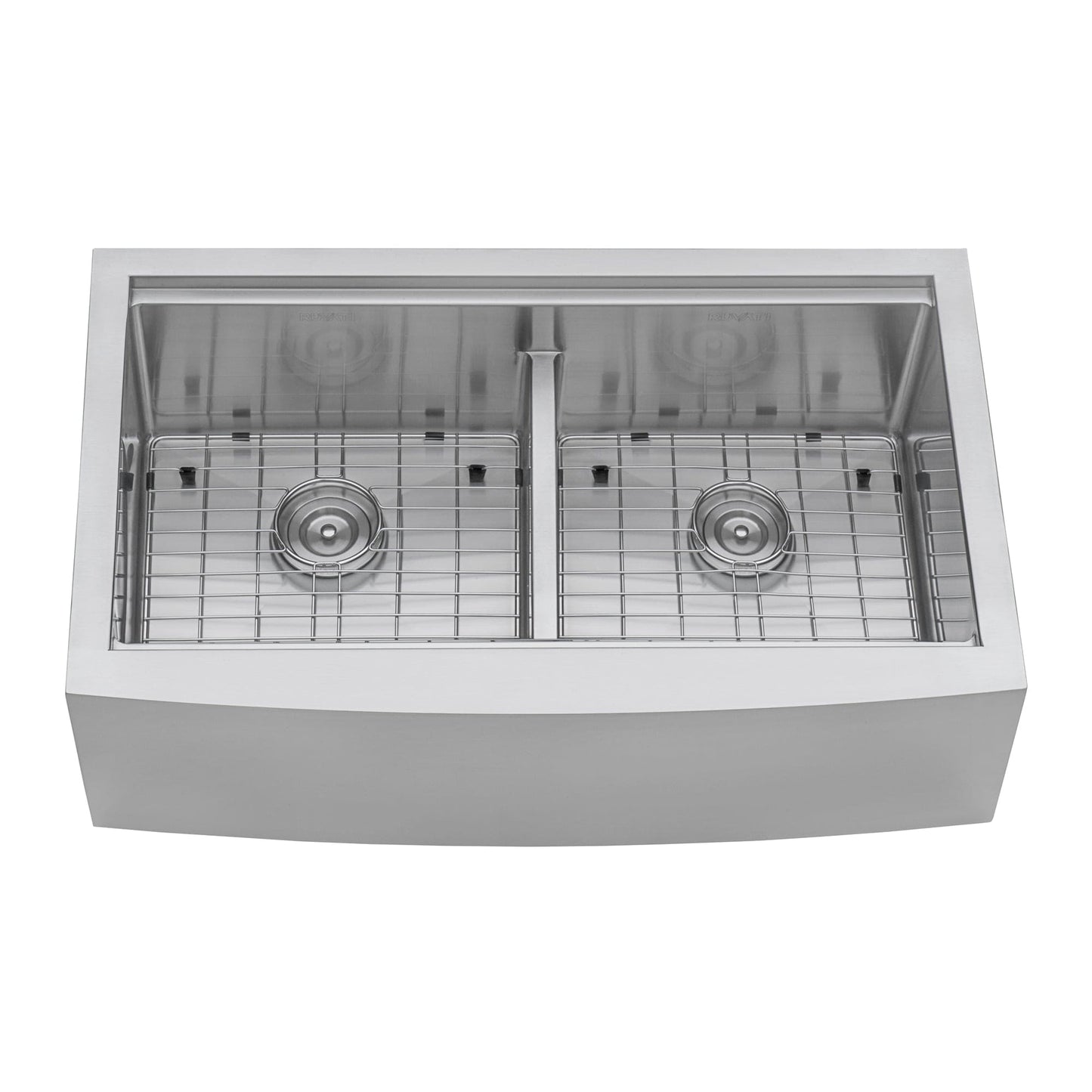 Ruvati Verona 36" Workstation Low-Divide Stainless Steel Kitchen Sink RVH9301 with dual bowls and grid.