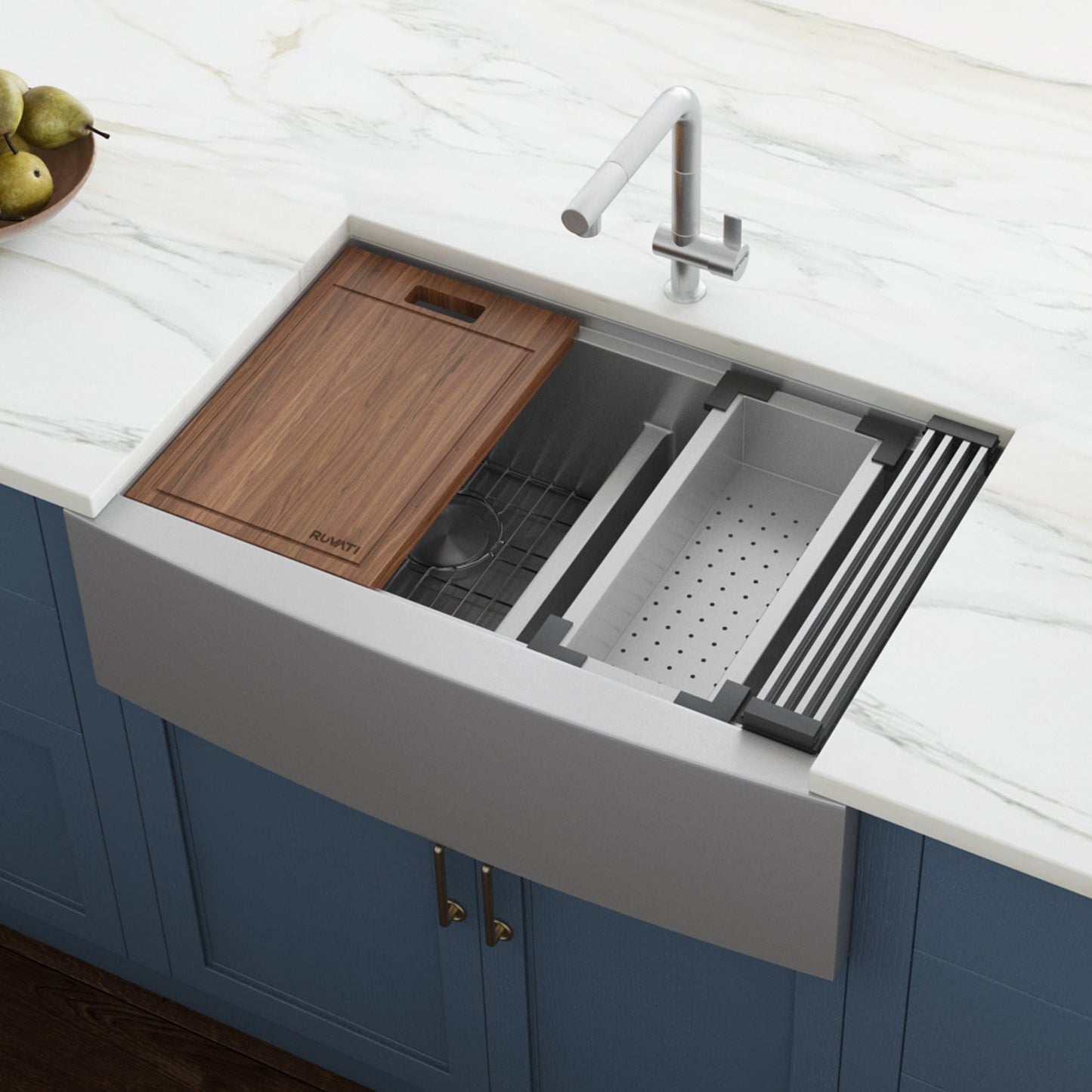 Ruvati Verona 36" Workstation Low-Divide Stainless Steel Kitchen Sink RVH9301 with wooden cutting board and accessories.
