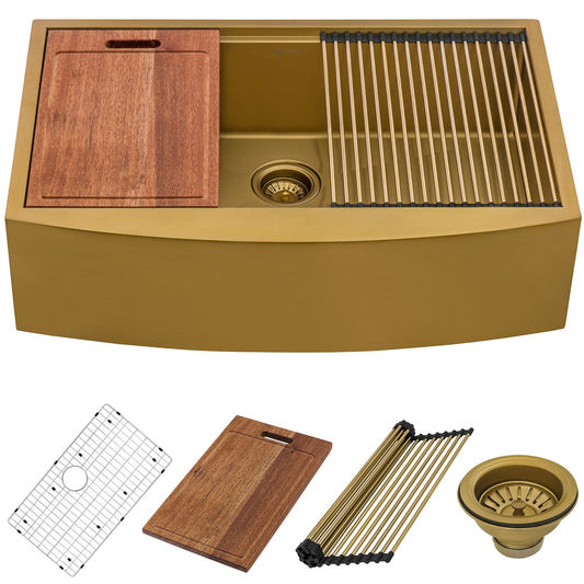 Ruvati Monaco 36" Workstation Stainless Steel Kitchen Sink RVH9308GG with accessories in matte gold finish.
