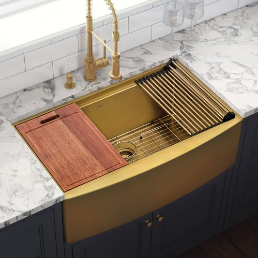Ruvati Monaco 36" Workstation Stainless Steel Kitchen Sink RVH9308GG with matte gold finish and wood cutting board.
