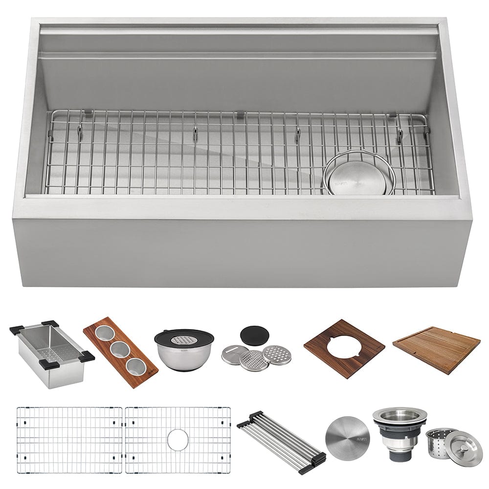 Ruvati 45" Workstation Dual Tiered Stainless Steel RVH9333 with accessories including grid, colander, and cutting board.