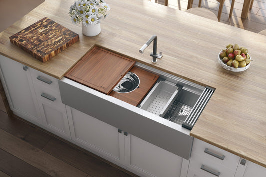 Ruvati 45" Workstation Dual Tiered Stainless Steel RVH9333 shown in a modern kitchen setting featuring a wood countertop.