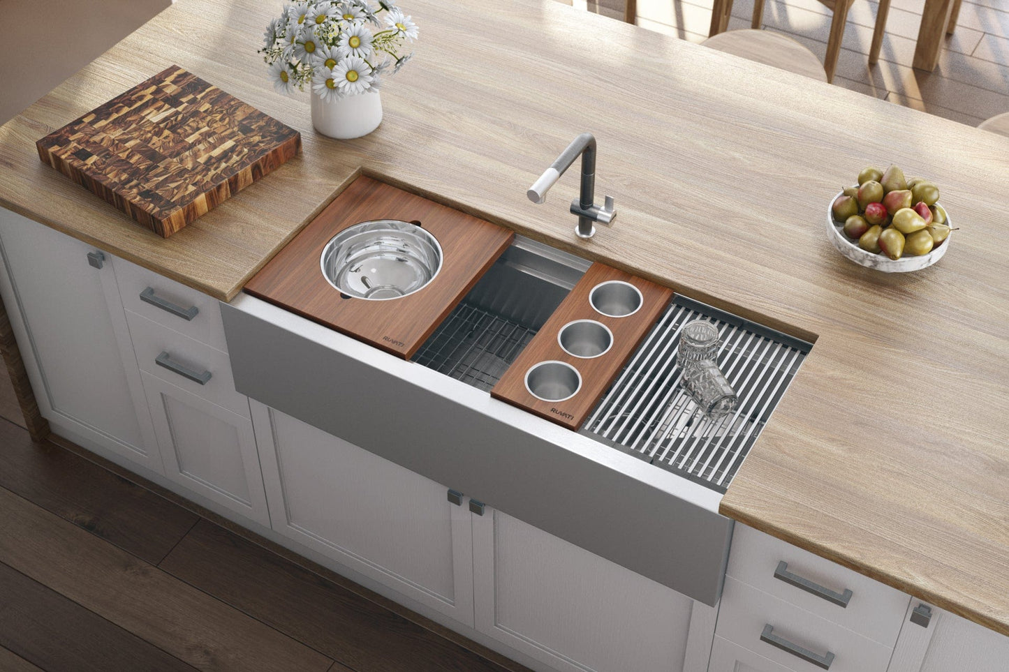 Ruvati 45" Workstation Dual Tiered Stainless Steel RVH9333 sink with wood accessories and modern kitchen setup.