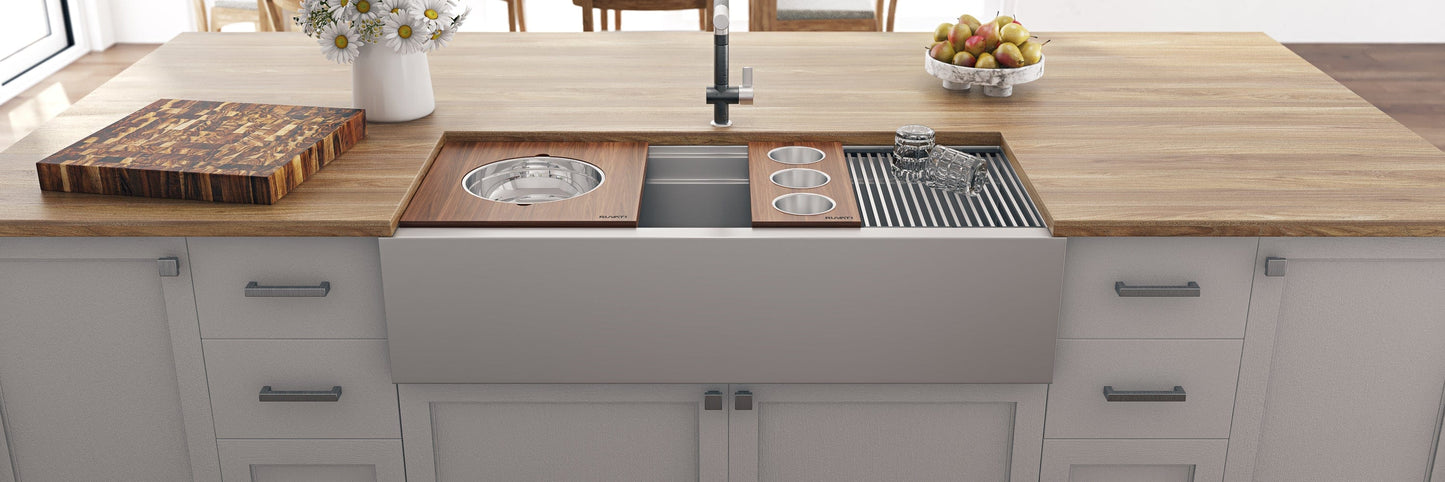 Ruvati 45" Workstation Dual Tiered Stainless Steel RVH9333 in modern kitchen with wooden countertop and accessories.