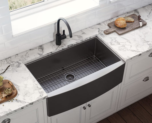 Ruvati Terraza 30" Stainless Steel Kitchen Sink RVH9660BL shown in a modern kitchen with marble countertop.