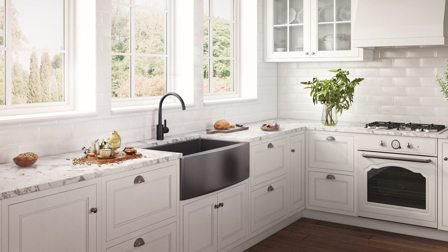 Ruvati Terraza 30" Stainless Steel Kitchen Sink RVH9660BL installed in a contemporary white kitchen.