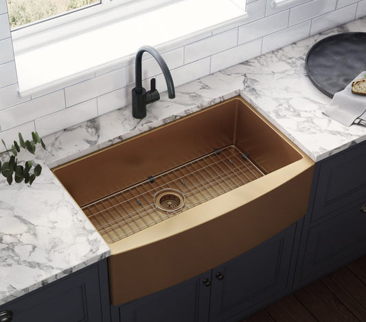 Ruvati Terraza 30" Stainless Steel Kitchen Sink RVH9660CP with copper tone finish and sink grid.