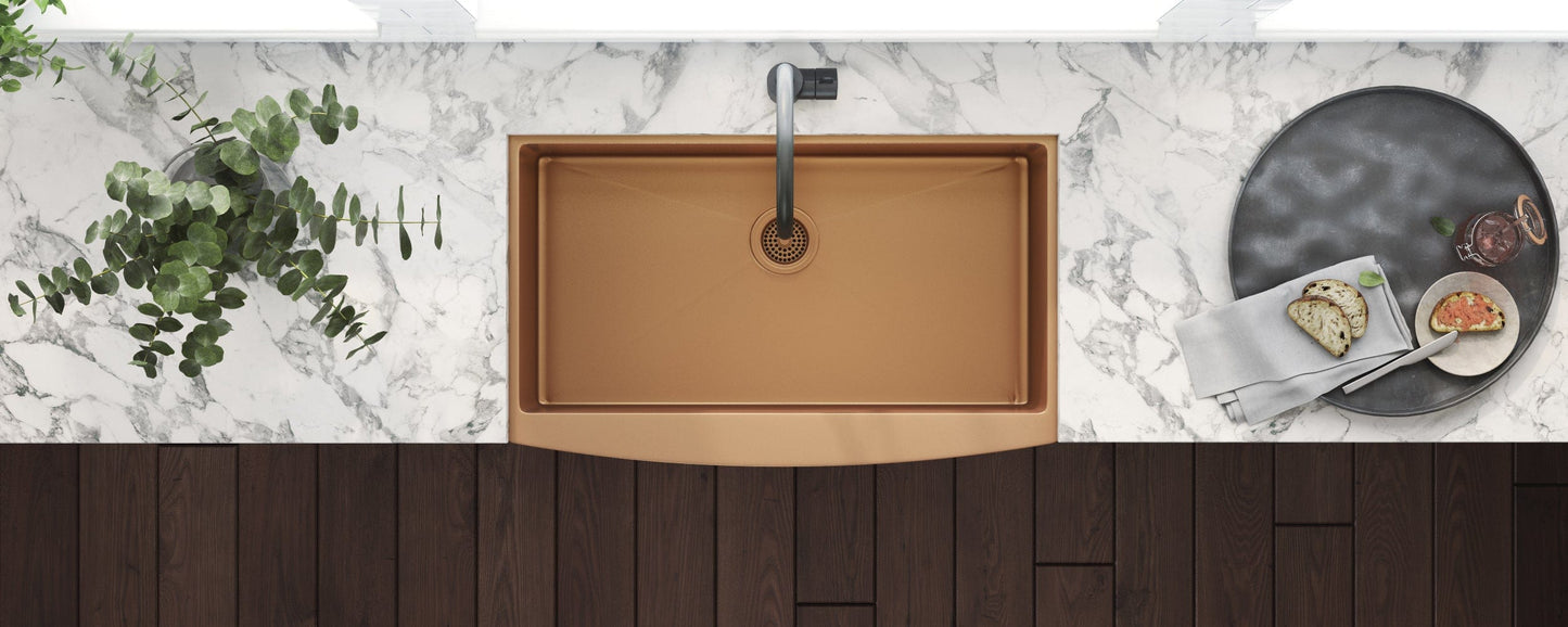 Ruvati Terraza 30" Stainless Steel Kitchen Sink RVH9660CP in a modern kitchen with marble countertop and stylish decor.