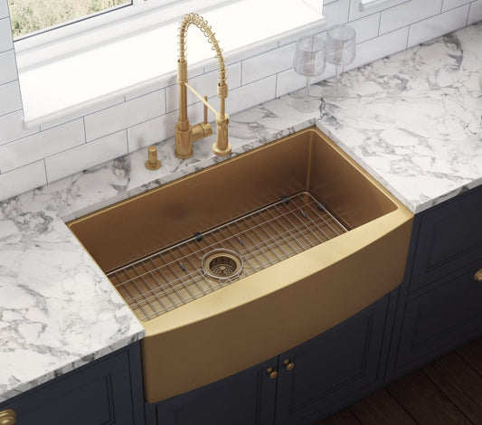 Ruvati Terraza 30" Stainless Steel Kitchen Sink RVH9660GG with premium brass tone finish and modern faucet.