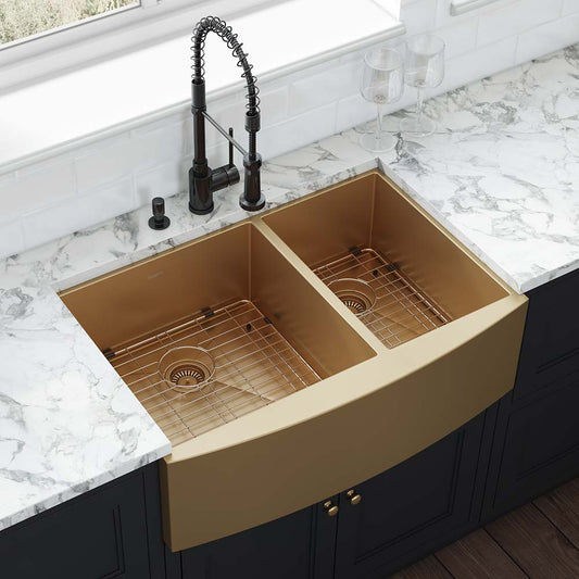 Ruvati Terraza 33" 60/40 Stainless Steel Kitchen Sink RVH9742GG in brass tone finish with dual bowl design.