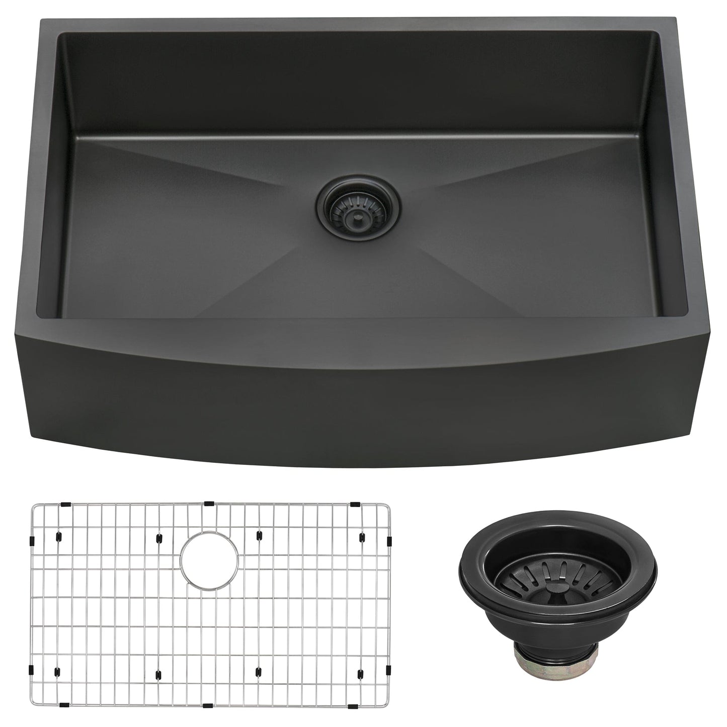Ruvati Terraza 36" Stainless Steel Kitchen Sink RVH9880BL with grid and drain assembly in gunmetal finish.