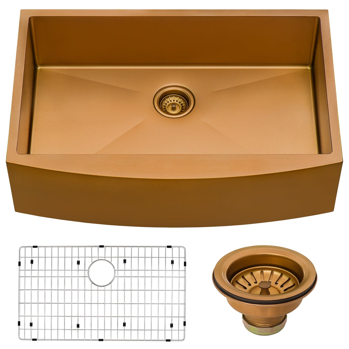 Ruvati Terraza 36" Stainless Steel Kitchen Sink RVH9880CP with copper tone finish and accessories.