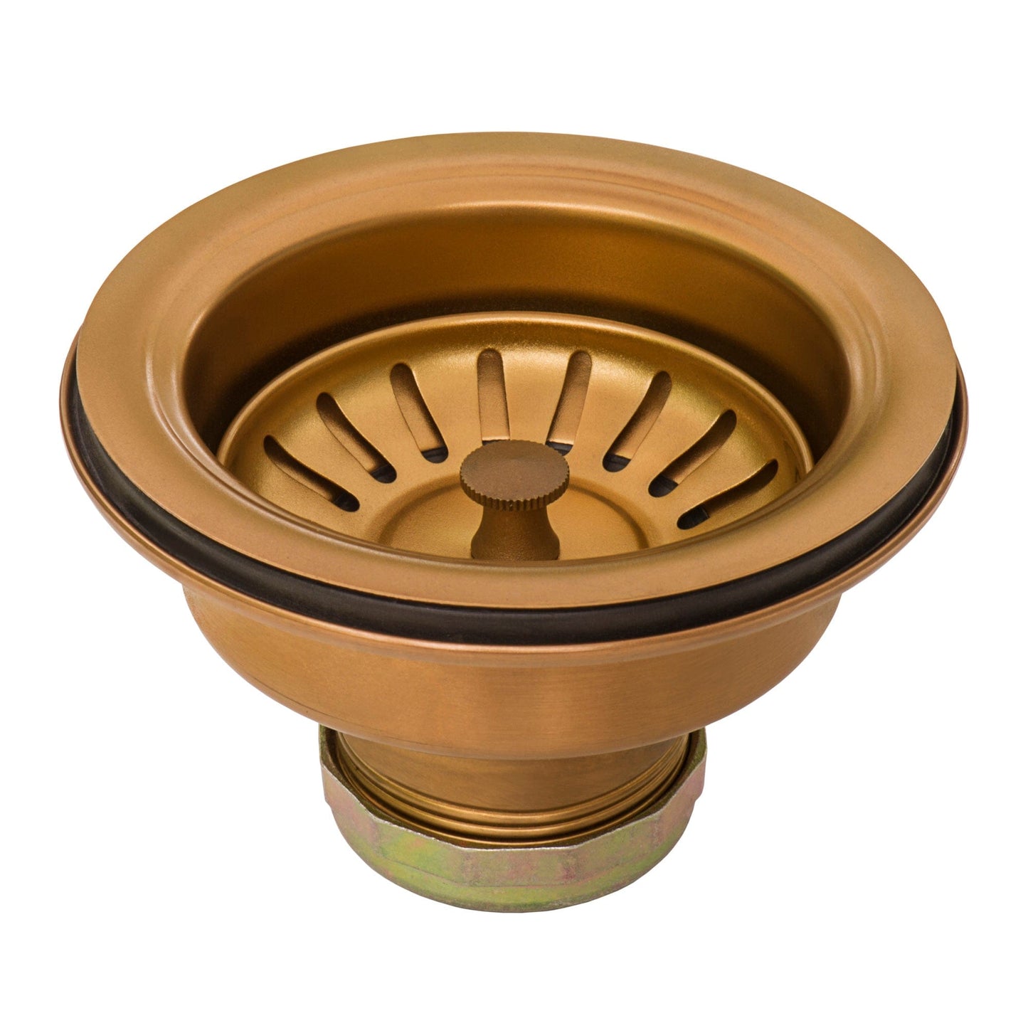 Ruvati Terraza 36" Stainless Steel Kitchen Sink RVH9880CP matching drain strainer in copper tone finish.