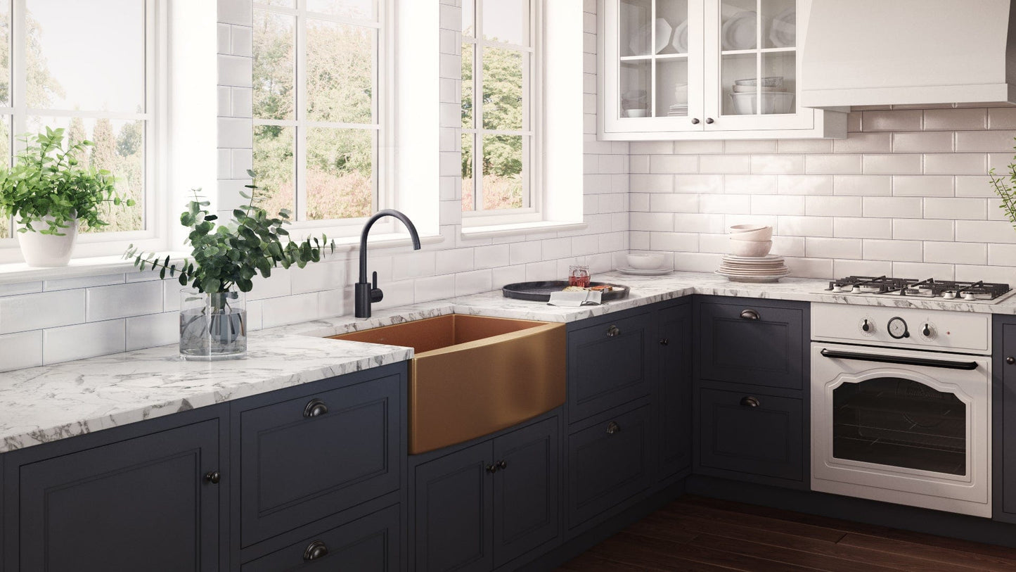 Ruvati Terraza 36" Stainless Steel Kitchen Sink RVH9880CP showcased in a modern kitchen with marble countertop.