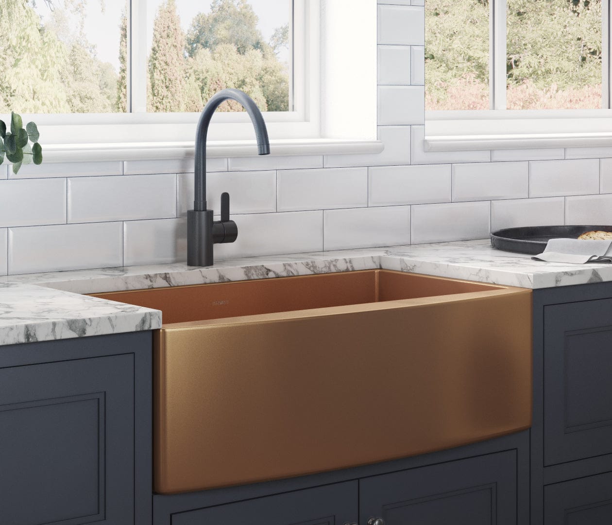 Ruvati Terraza 36" Stainless Steel Kitchen Sink RVH9880CP with copper finish in modern kitchen setting.