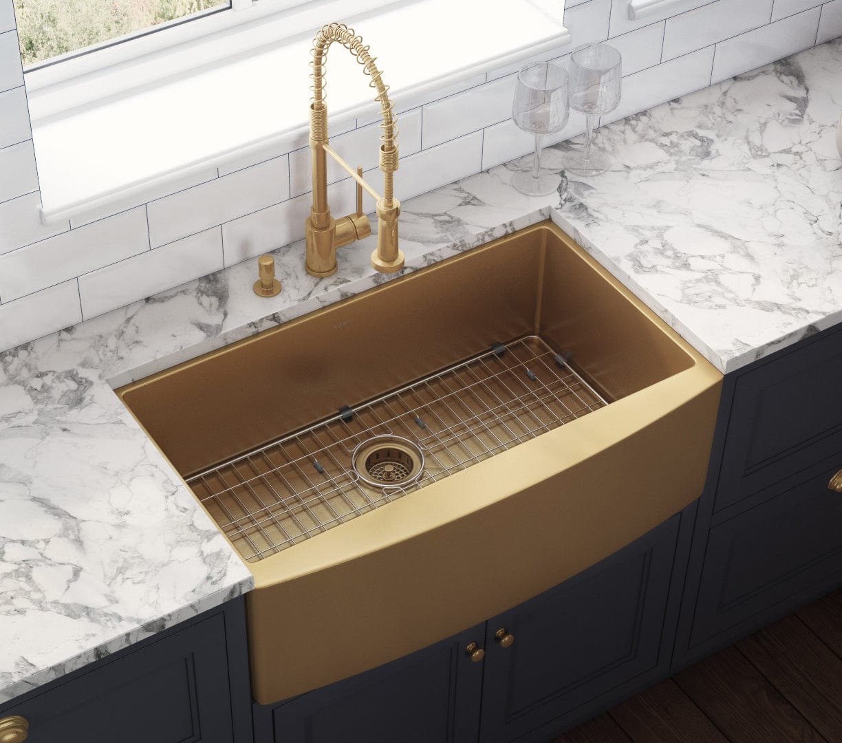 Ruvati Terraza 36" Stainless Steel Kitchen Sink RVH9880GG with brass tone matte gold finish in modern kitchen