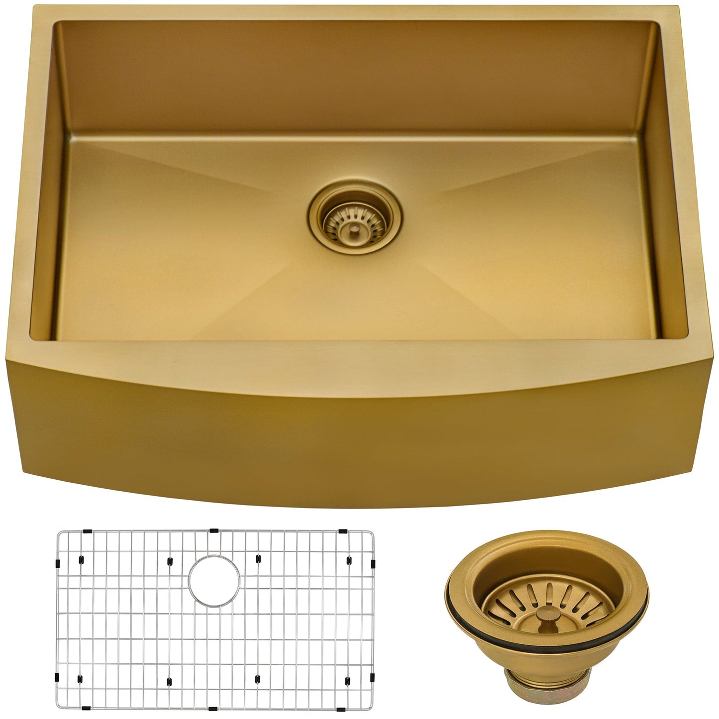 Ruvati Terraza 36" Stainless Steel Kitchen Sink RVH9880GG with brass tone matte gold finish, sink grid, and drain.