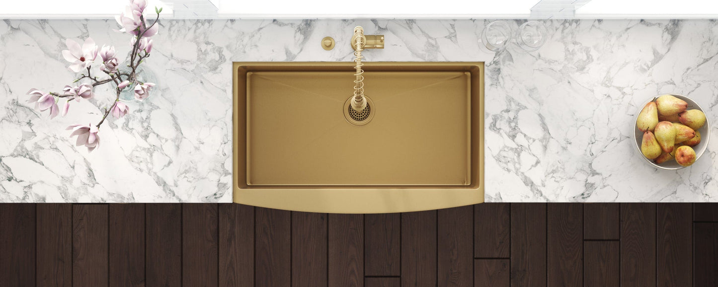 Ruvati Terraza 36" Stainless Steel Kitchen Sink RVH9880GG in brass tone matte gold finish on a marble countertop.