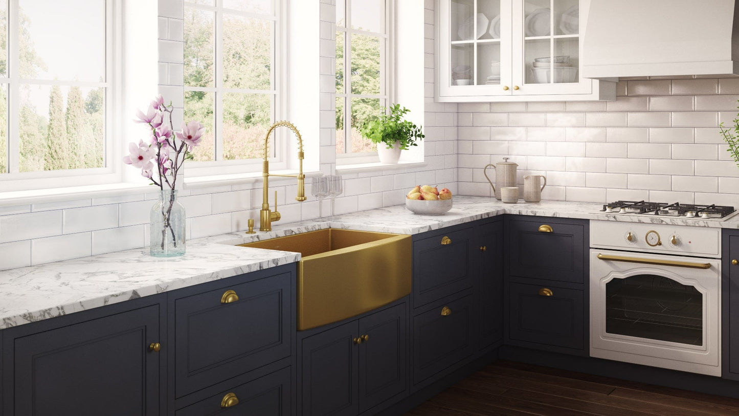 Ruvati Terraza 36" Stainless Steel Kitchen Sink RVH9880GG showcased in a modern kitchen with gold accents and marble countertops.