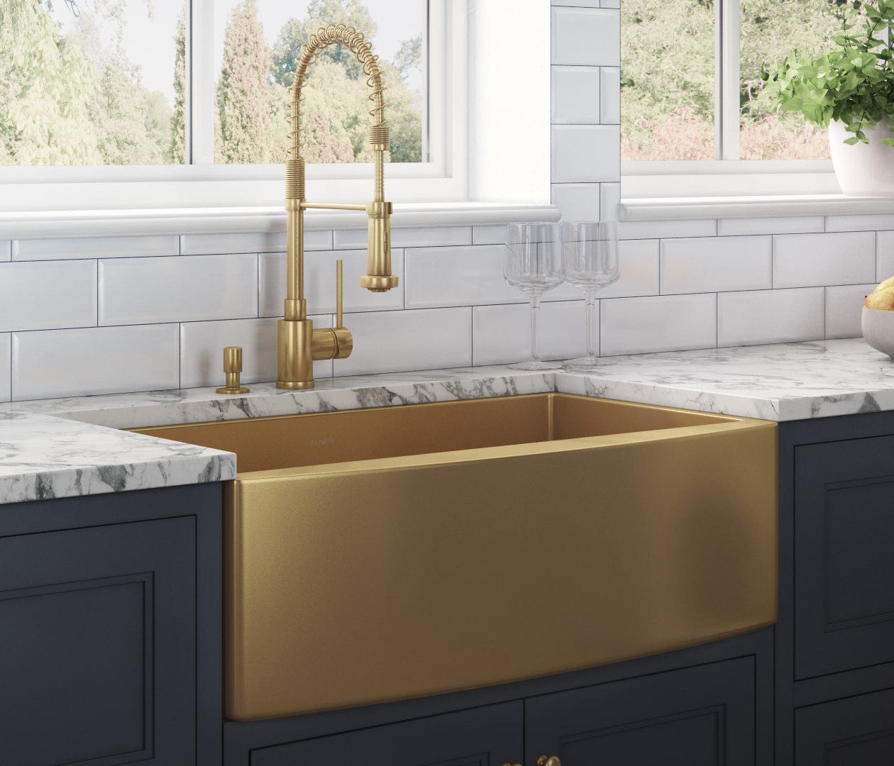 Ruvati Terraza 36" Stainless Steel Kitchen Sink RVH9880GG with brass tone matte gold finish in modern kitchen setting.
