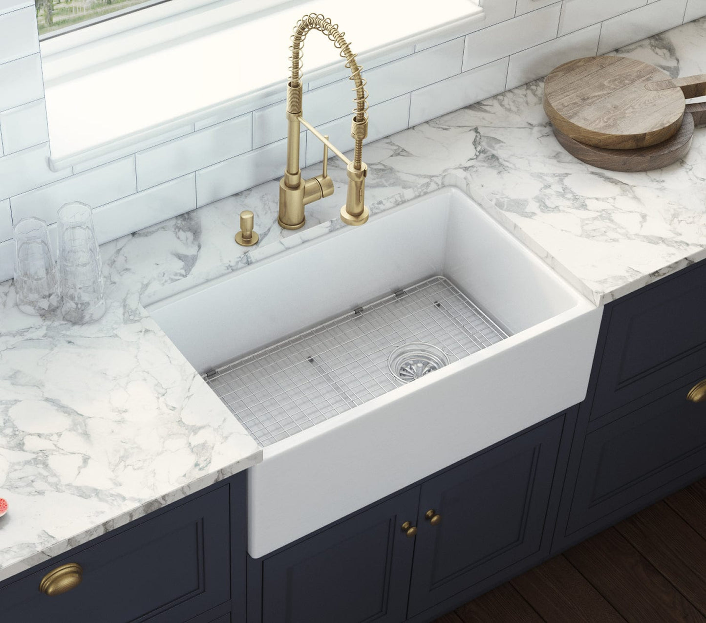 Ruvati Fiamma 30" Fireclay Kitchen Sink RVL2018WR with modern faucet and marble countertop.