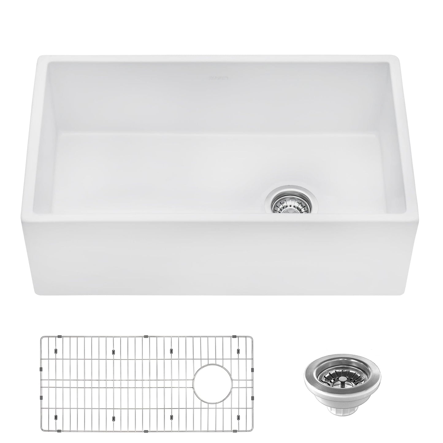 Ruvati Fiamma 30" Fireclay Kitchen Sink RVL2018WR with grid and drain assembly, showcasing Italian craftsmanship.