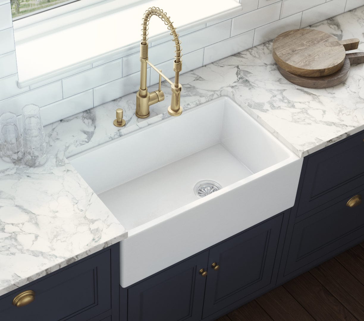 Ruvati Fiamma 30" Fireclay Kitchen Sink RVL2018WR displayed in a modern kitchen with marble countertop.