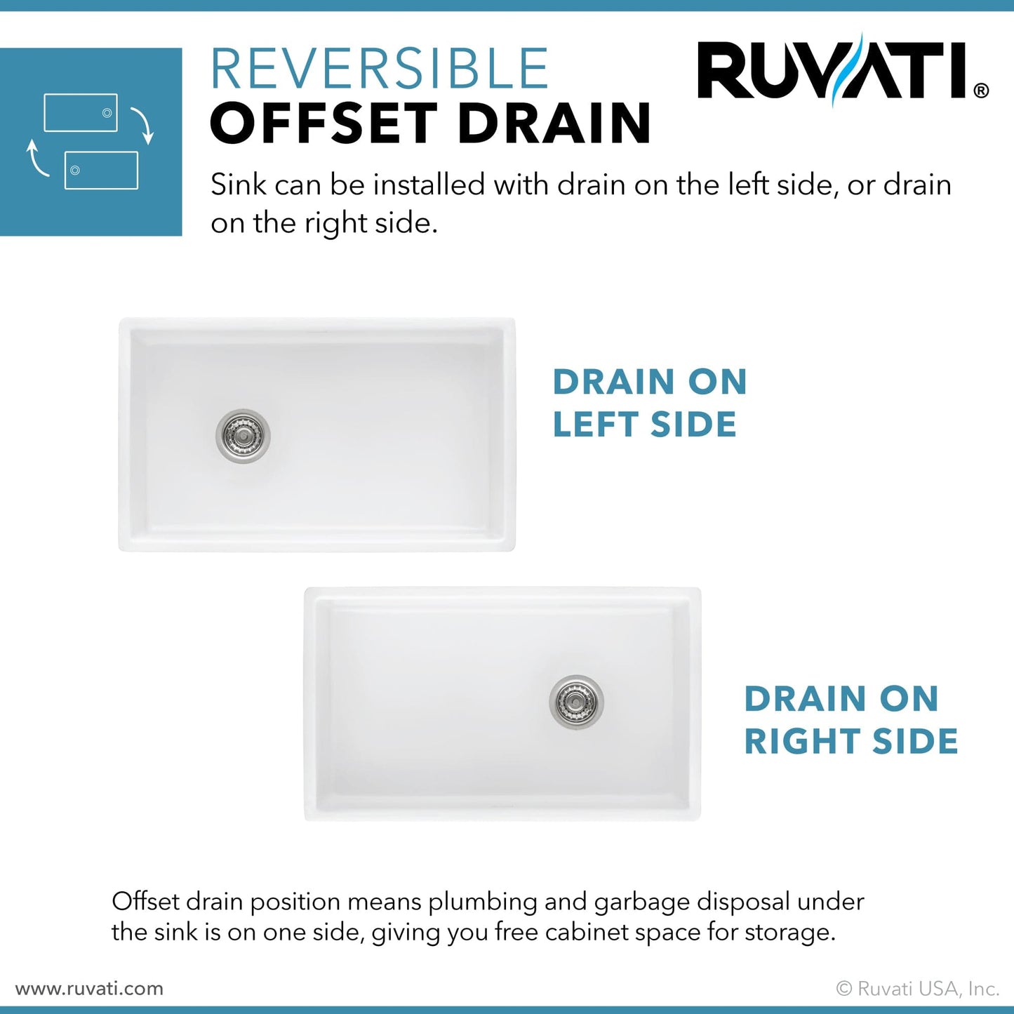Ruvati Fiamma 30" Fireclay Kitchen Sink RVL2018WR reversible offset drain options for left and right installation.