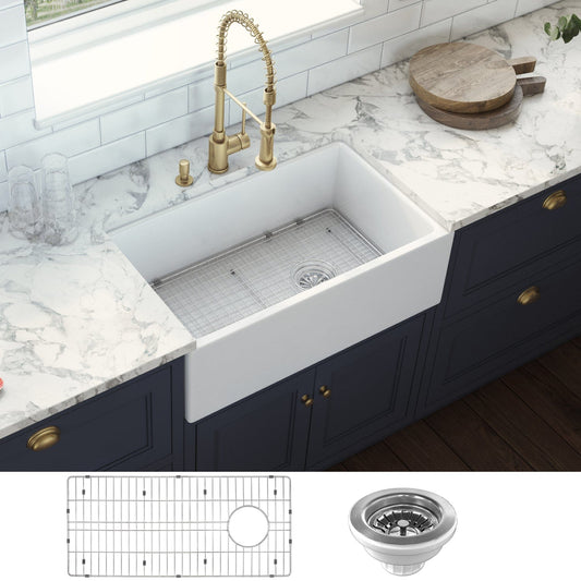 Ruvati Fiamma 30" Fireclay Kitchen Sink RVL2018WR with modern faucet and accessories on marble countertop.