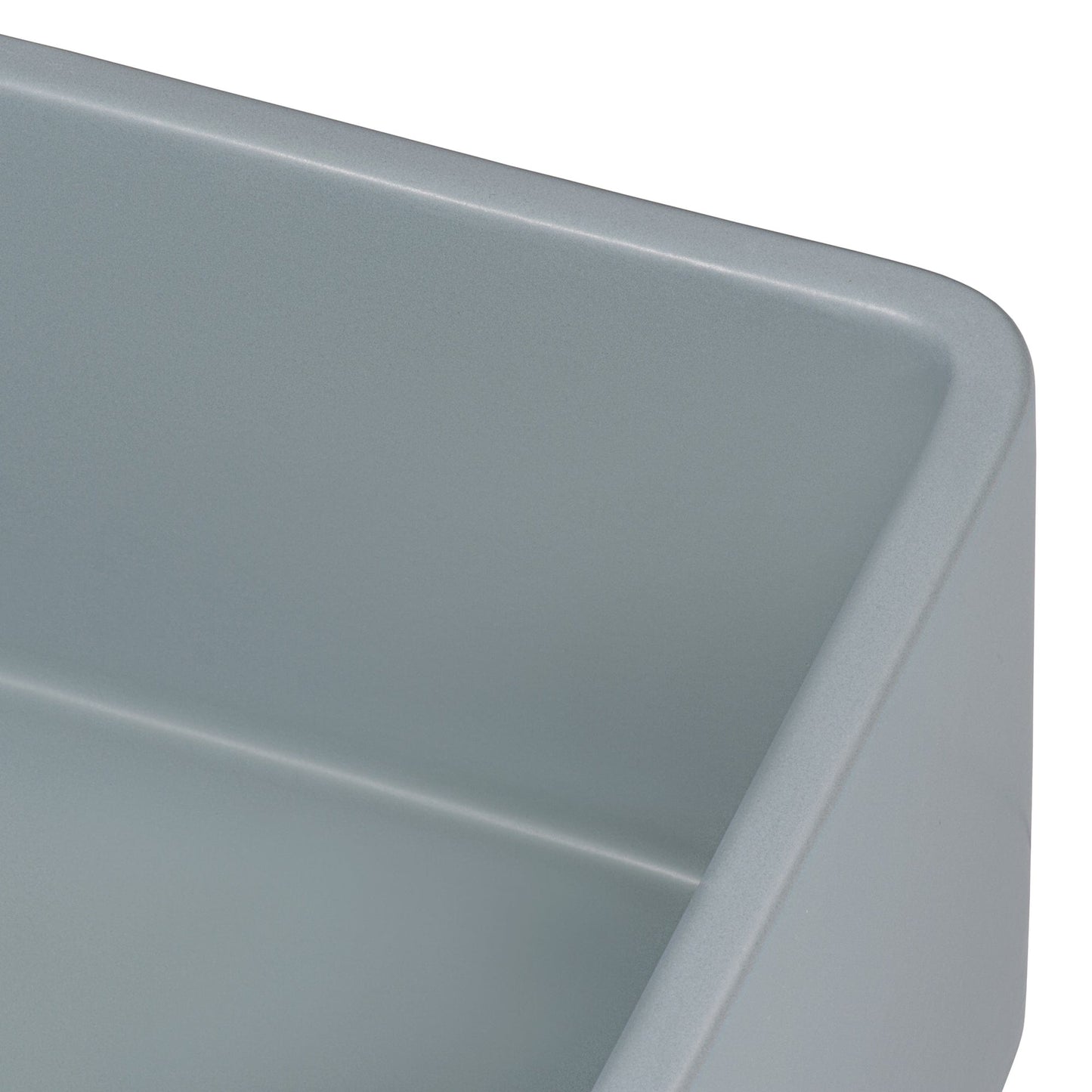 Close-up of the Horizon Gray glaze on the Ruvati Fiamma fireclay sink