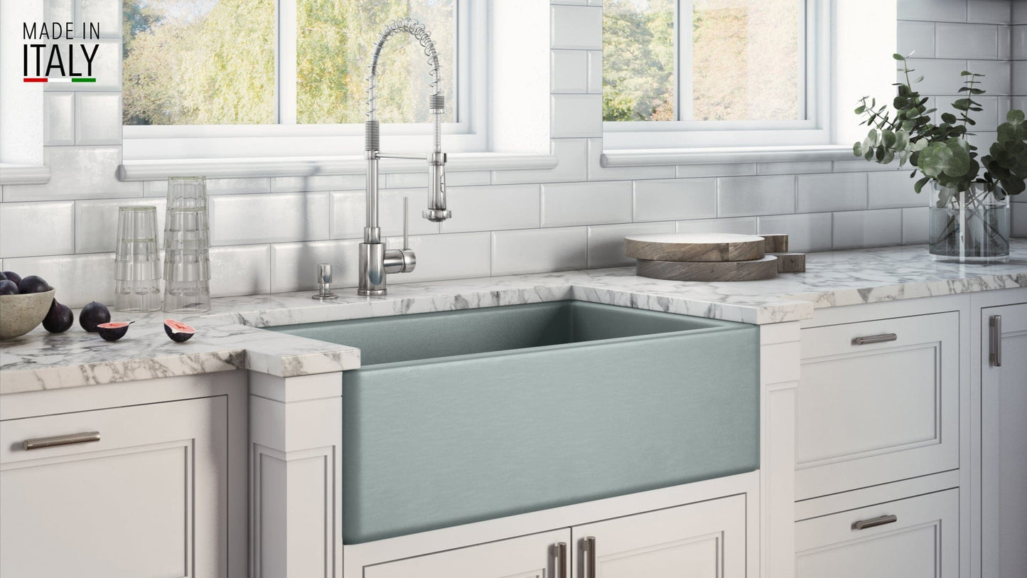Ruvati Fiamma 30" farmhouse sink in a modern kitchen design, second room view