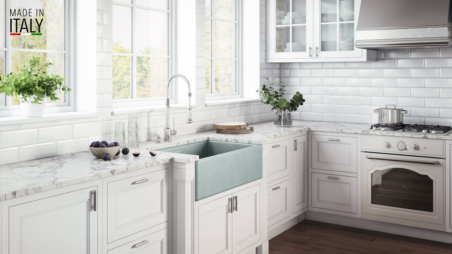 Ruvati Fiamma 30" Horizon Gray farmhouse sink installed with white cabinetry