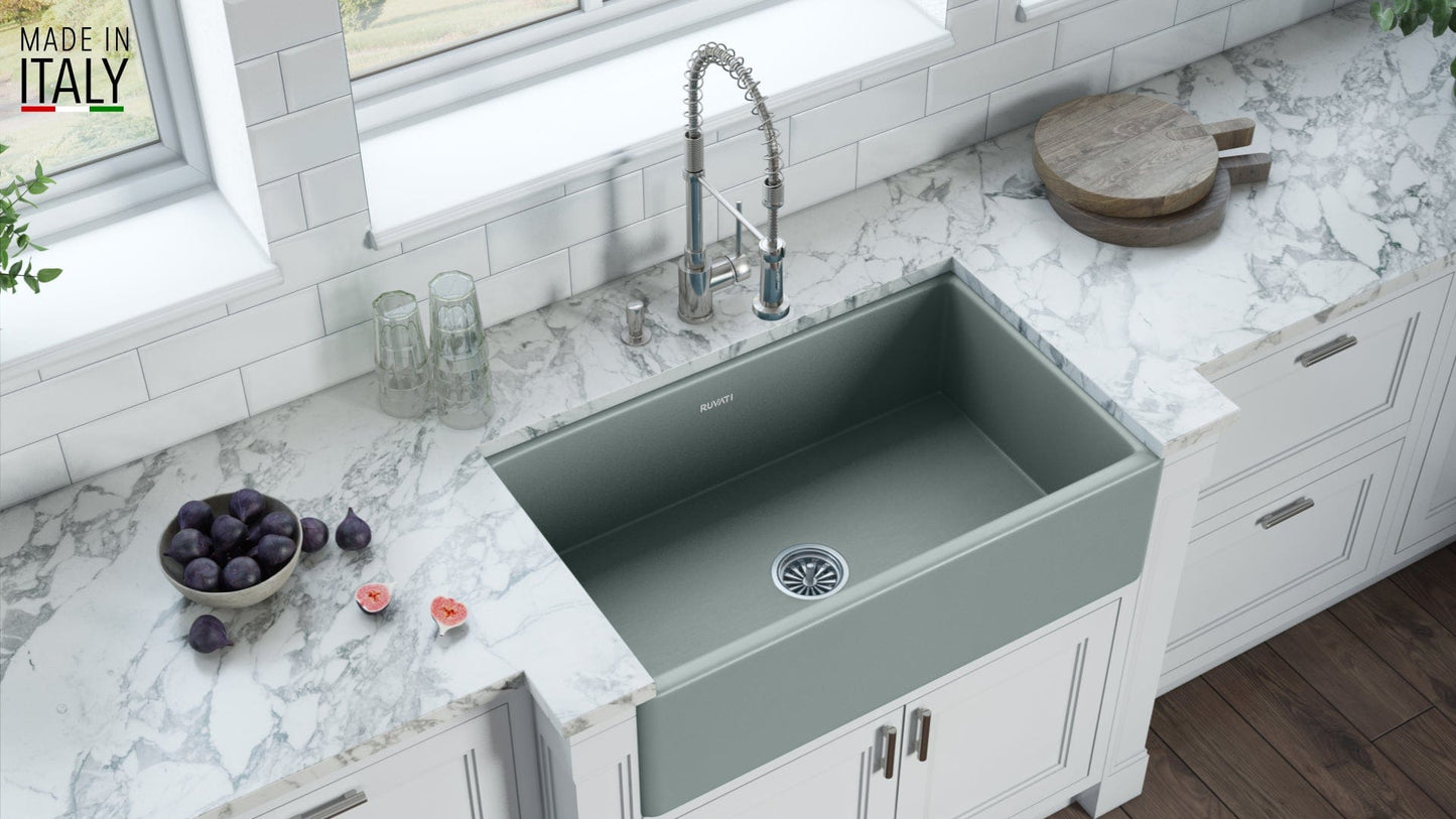 Ruvati Fiamma 30" gray fireclay farmhouse sink installed in a modern kitchen