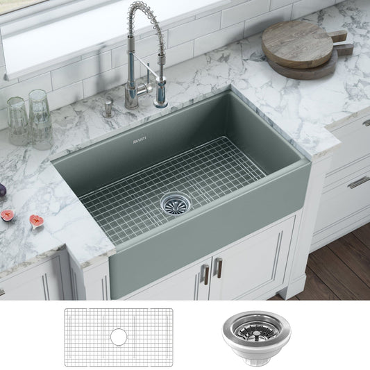 Ruvati Fiamma 33" Fireclay Reversible Single Bowl Kitchen Sink RVL2300GR installed in modern kitchen with marble countertop.